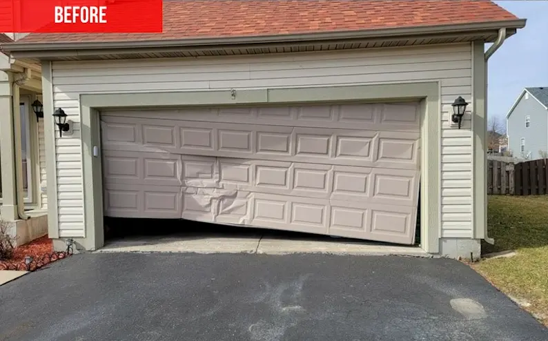Before: a damaged, crooked garage door